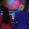 Michael Burnham and Laira Rillak facing away from the screen, holding hands as they look outside of Discovery